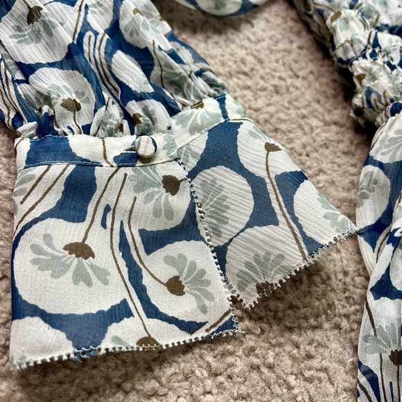 Rebecca Taylor Silk Floral Long Sleeve V Neck Lined Blouse Top White Blue Siz 10 - Picture 12 of 12